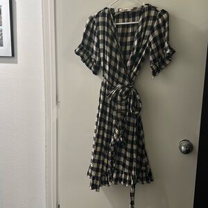 Anthropologie gingham flutter midi wrap dress